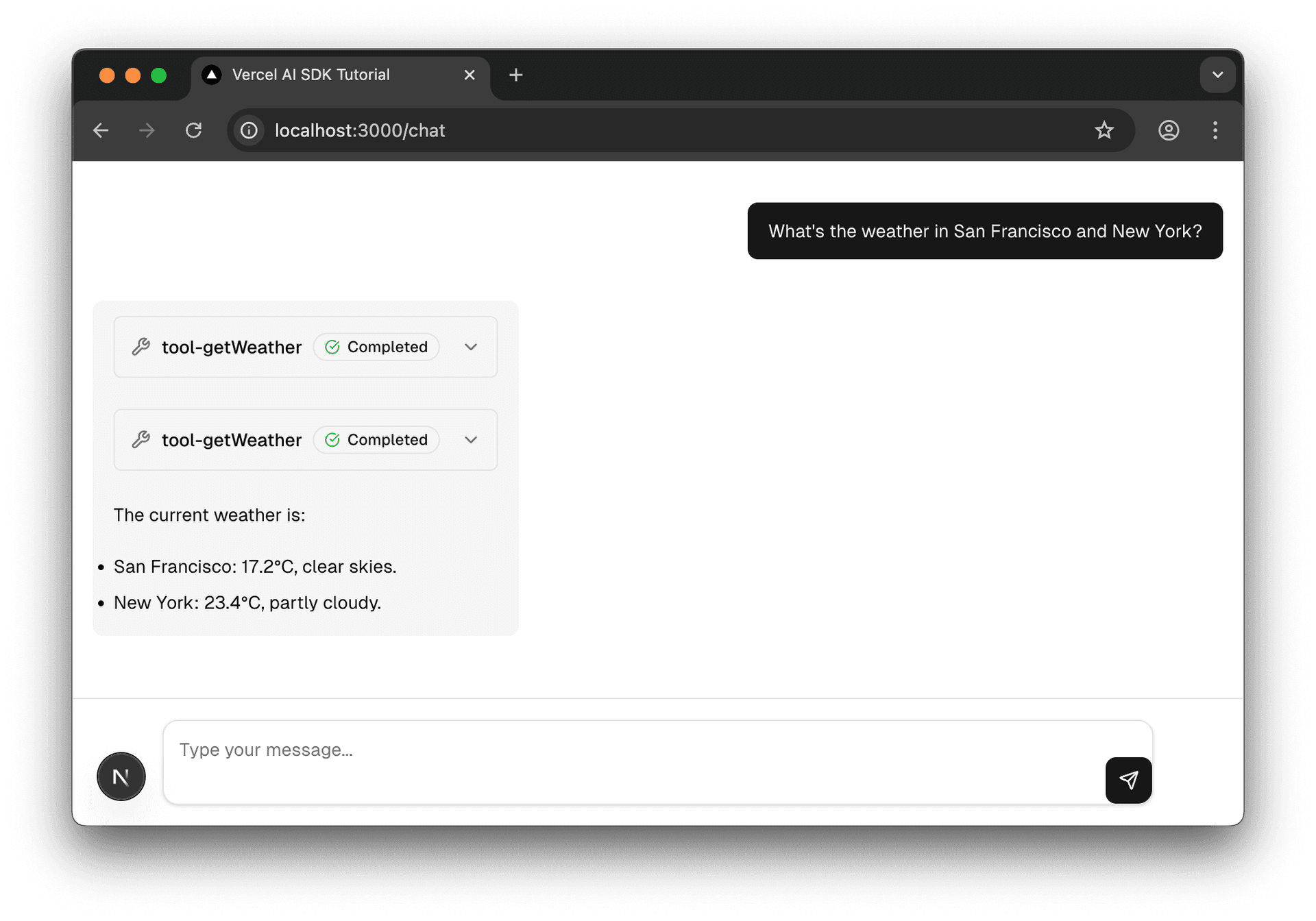 Screenshot of the chat UI showing the two tool calls and the natural language summary