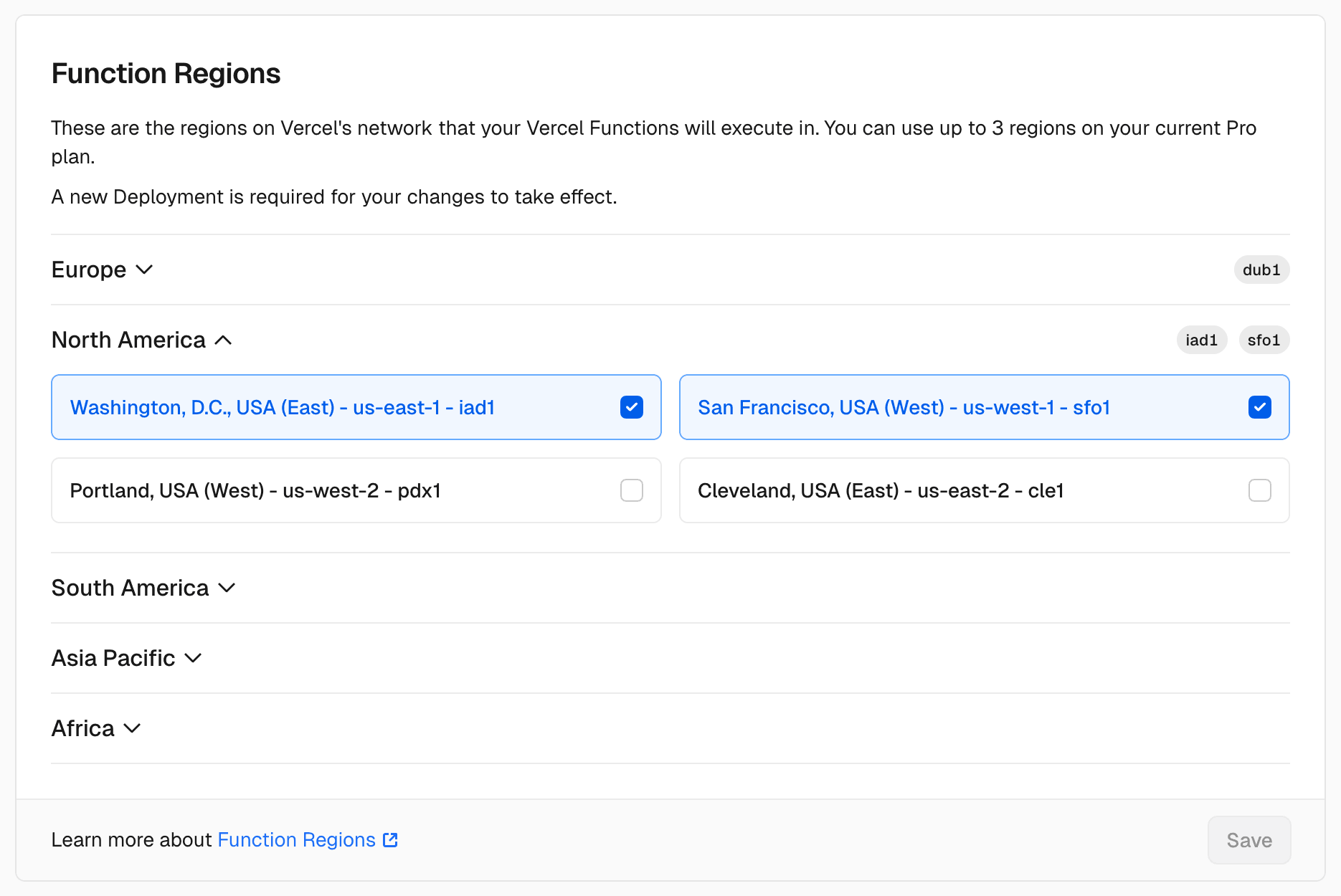 The Function Regions setting in a Vercel project's dashboard