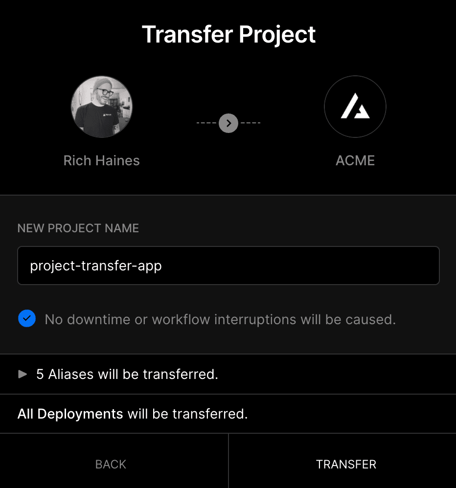 Reviewing the project data that will be transferred to the target Vercel team, and choosing a new project name.