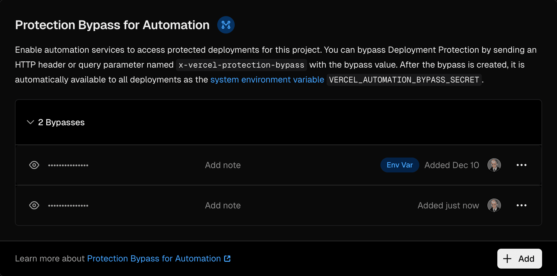 Protection Bypass for Automation option