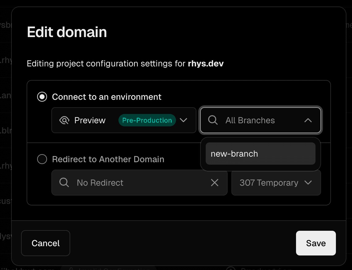 Assign domain to branch modal.