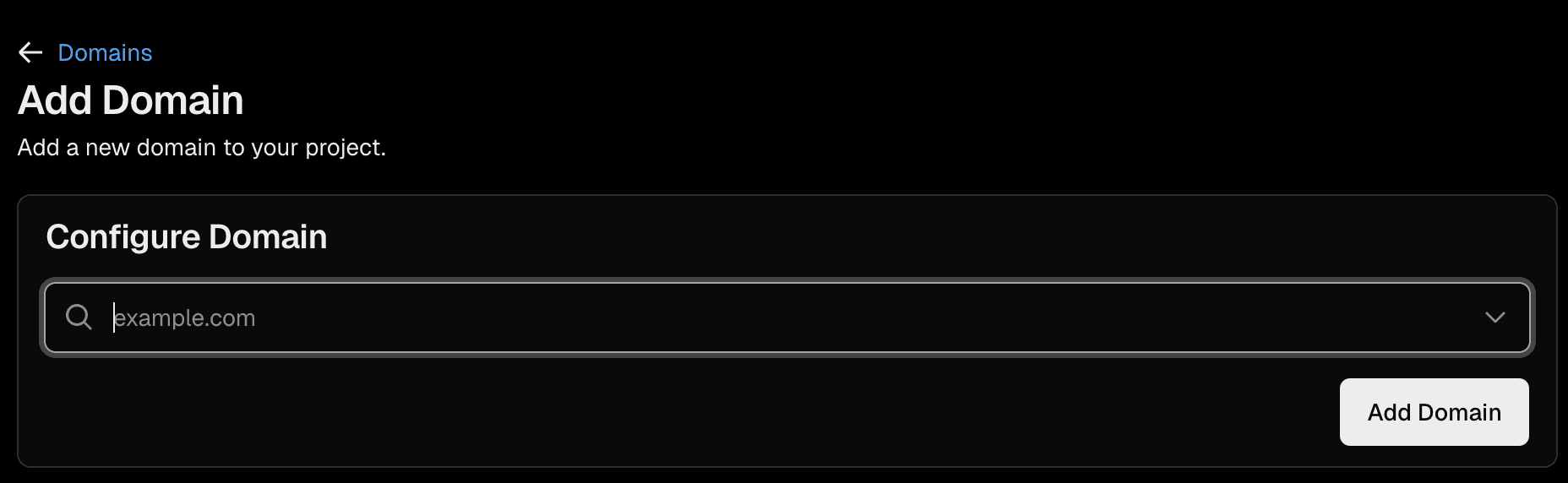 Text input on the add domain page to input your domain name in.