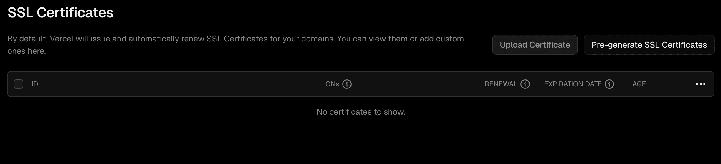 Pre-Generate button found under the SSL Certificates section of the Domain configuration page