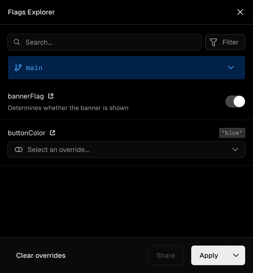 Default Feature Flag Values in Vercel Toolbar.